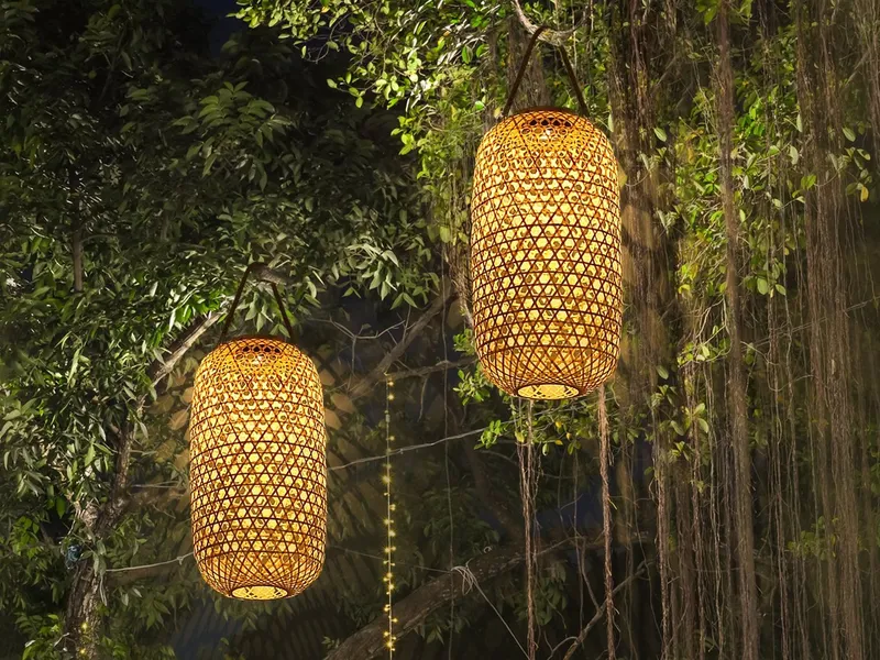 GLOBO LIGHTING LED Solarleuchte, LED fest integriert, warmweiß, 2x außergewöhnliche Bambus Solar-Laternen, Hängeleuchte Garten Balkon, Braun, – Produktbild 5 von 5