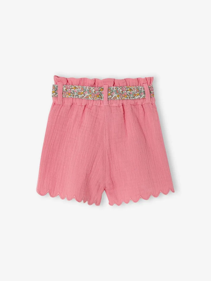 Vertbaudet Baby Musselin-Shorts mit Stoffgürtel und Wellensaum bonbon, Bonbon rosa, – Produktbild 2 von 3