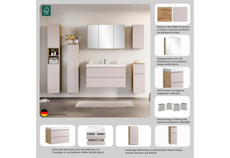 welltime Waschtisch CABO, Waschtisch, Kaschmir, griffloses Design, Bunt, – Produktbild 4 von 5
