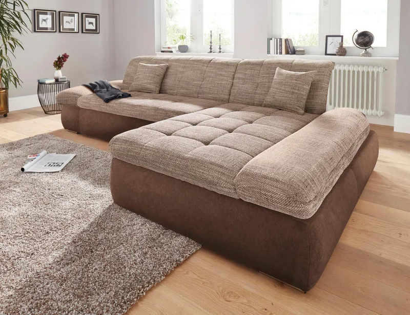 DOMO collection Ecksofa PB MORIC wahlweise mit Bettfunktion + Armteilverstellung, L-Form, im XXL-Format, B/T/H:300/172/80 cm, feine Steppung, Beige|braun, – Produktbild 1 von 6