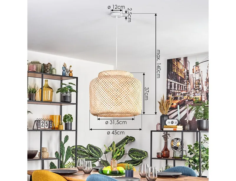 hofstein Hängeleuchte Hängelampe aus Metall/Bambus in Weiß/Naturfarben, ohne Leuchtmittel, Hängeleuchte im Boho-Design, Schirm in Gitter-Optik (45cm), 140cm, E27, Beige|weiß, – Produktbild 4 von 5