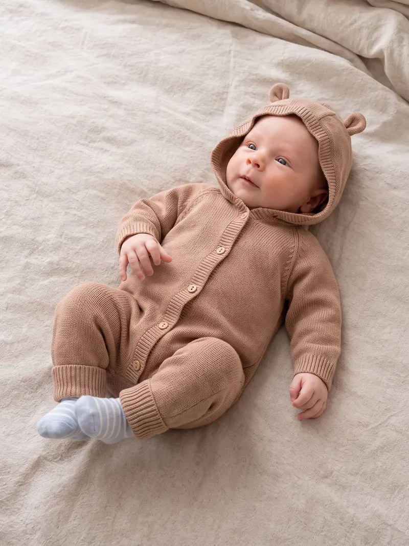 Vertbaudet Baby Strickoverall mit Kapuze und 3D-Ohren, Beige, – Produktbild 1 von 4