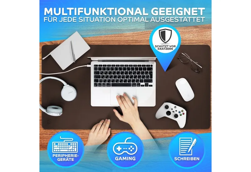 MAXLVL Gaming Mauspad Schreibtischunterlage - Mauspad mit Vernähte Kanten - abwaschbar (80x40 cm, Schreibtisch Unterlage für Büro), Tischunterlage Schreibtisch aus PU-Leder, Braun, – Produktbild 4 von 5