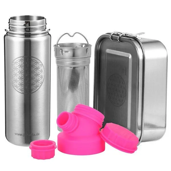 JN JuNiki's JN JuNiki's Set "Blume des Lebens": Lunchbox + 550ml Edelstahltrinkflasche + Teefilter, Pink, – Produktbild 1 von 4