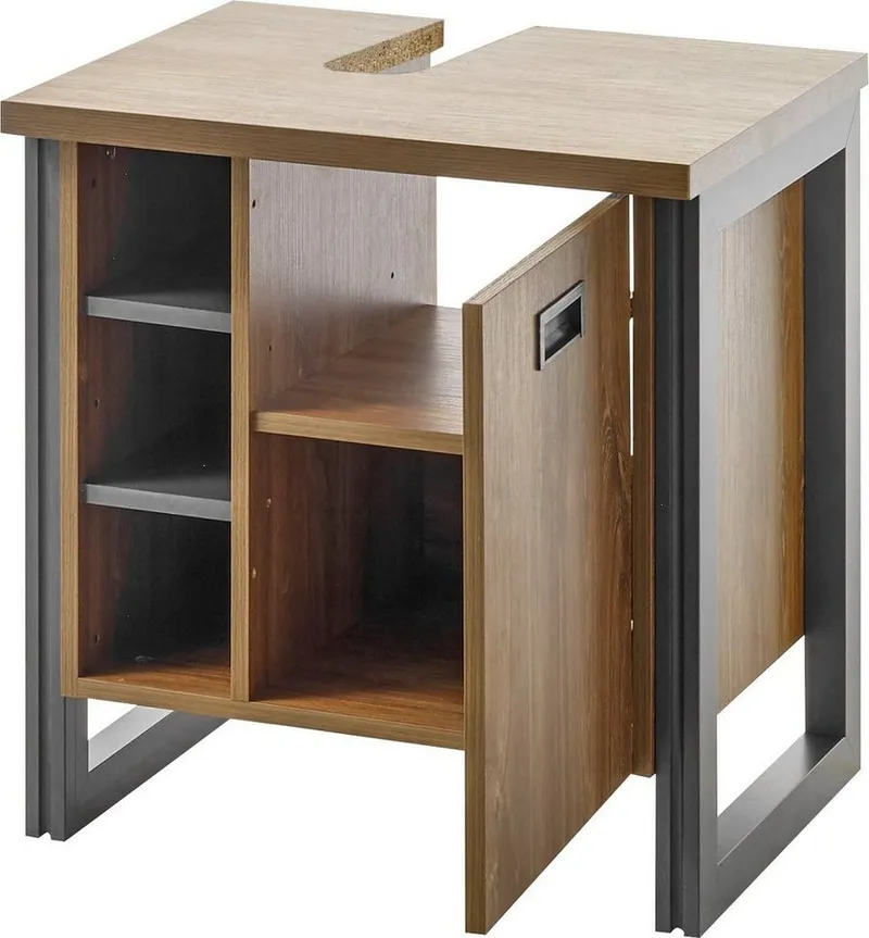 Home affaire Waschbeckenunterschrank Detroit, Waschtisch mit Apothekergriff, Badschrank im Industrialdesign Eiche Dekor, mit offenen Fächern & Stauraum, Breite 61 cm, Braun, – Produktbild 4 von 5
