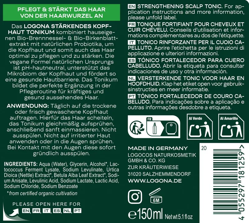 LOGONA LOGONA Haartonikum STÄRKENDES KOPFHAUT TONIKUM BIO-BRENNNESSEL & BIRKE, mit Bio-Brennnesselextrakt, vegane Formel, pH-hautneutral – Produktbild 1 von 2