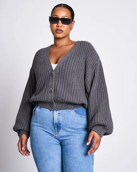 JAN N JUNE JAN N JUNE V-Ausschnitt Strickjacke LENA aus Baumwolle GOTS, Dark grey (grau), – Produktbild 1 von 4