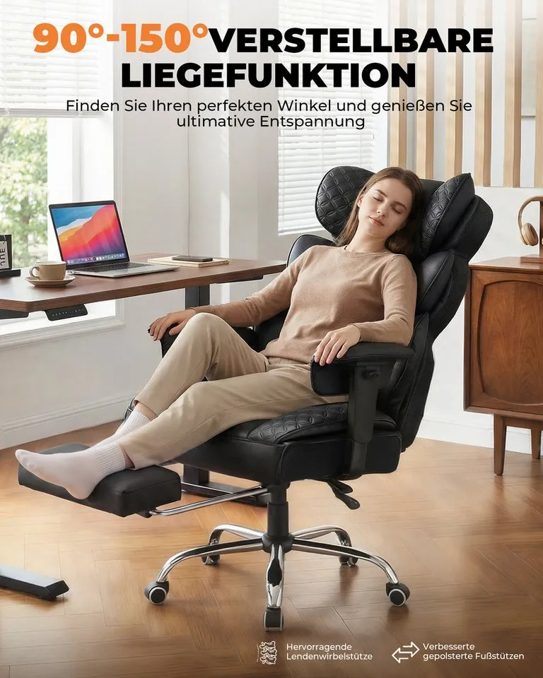 COMHOMA Gaming-Stuhl Ergonomischer Bürostuhl 180 kg, mit Lendenstütze & Fußstütze, 135° verstellbare Rückenlehne, hoher Chefsessel, Schwarz, – Produktbild 2 von 5