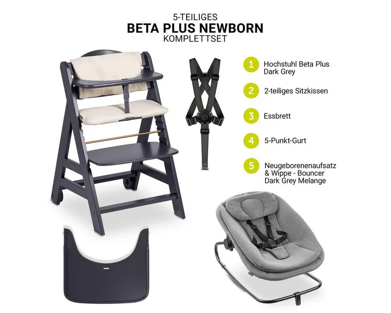 Hauck Hauck Hochstuhl Beta Plus Dark Grey Newborn Set 3in1 Bouncer (Set), Holz Babystuhl ab Geburt mit Neugeborenensufsatz, Sitzkissen, Essbrett, Grau, – Produktbild 2 von 5