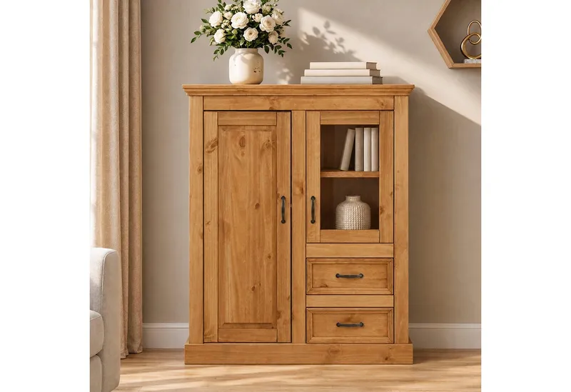 OTTO home Highboard Selma Vitrine mit 2 Türen, eine davon mit Glaseinsatz und 2 Schubläden, aus massivem Kiefernholz, mit einer natürliche Maserung, Metallgriffe, Beige, – Produktbild 1 von 4