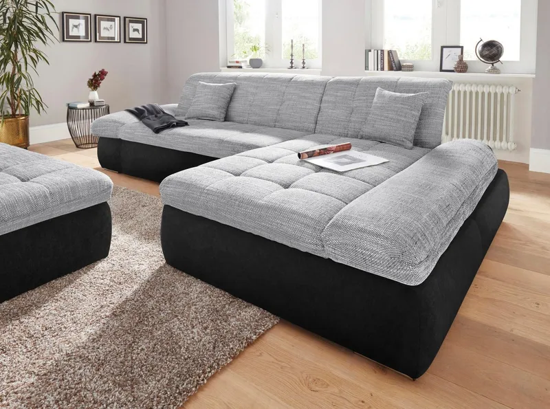 DOMO collection Ecksofa PB MORIC wahlweise mit Bettfunktion + Armteilverstellung, L-Form, im XXL-Format, B/T/H:300/172/80 cm, feine Steppung, Schwarz|silberfarben, – Produktbild 5 von 7