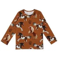 Walkiddy Kinder Langarmshirt GOTS zertifiziert, Bio-Baumwolle, braun, Pferde-Muster „Joyful Horses“, weich – Walkiddy – Produktbild 1 von 1