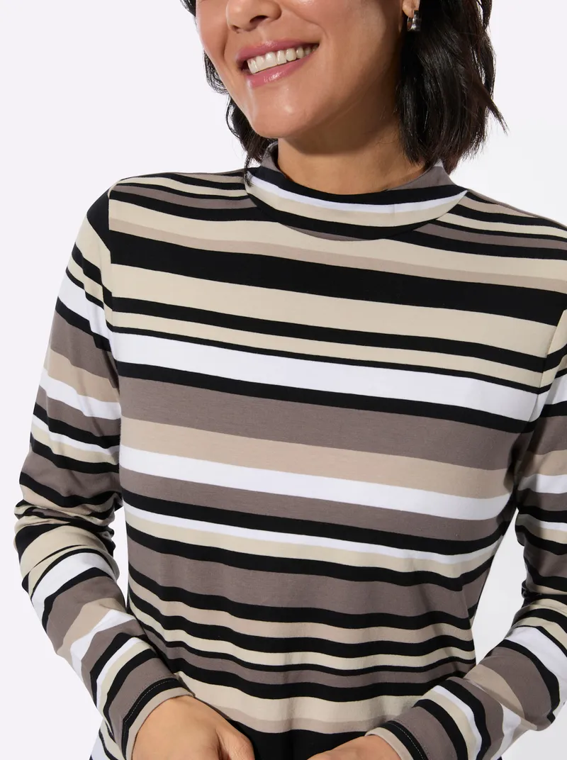 Witt Stehkragenshirt dunkeltaupe-sesam-geringelt, Dunkeltaupe-sesam-geringelt, – Produktbild 2 von 3