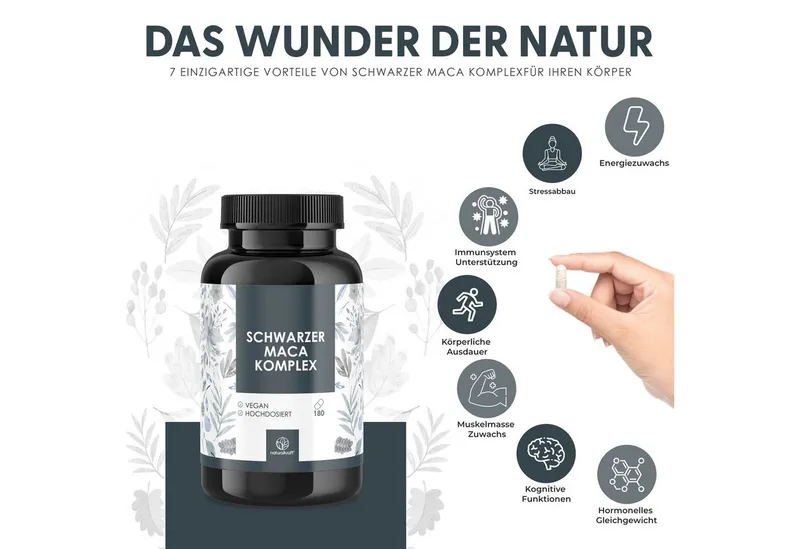 Naturalkraft Schwarzer Maca Komplex mit Ginseng – 180 vegane Kapseln, geprüft Kapseln, 108 g – Produktbild 3 von 5