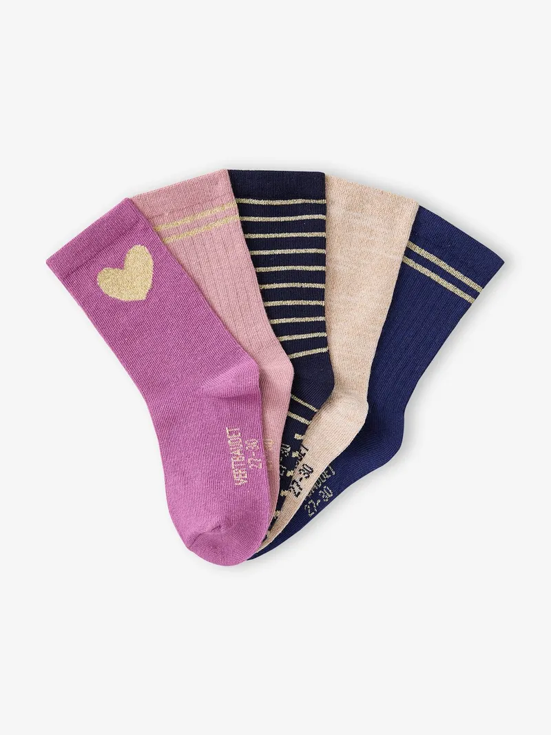 Vertbaudet 5er-Pack Socken Mädchen mit Glitzereffekt und Herzmotiv, Malve, – Produktbild 2 von 2