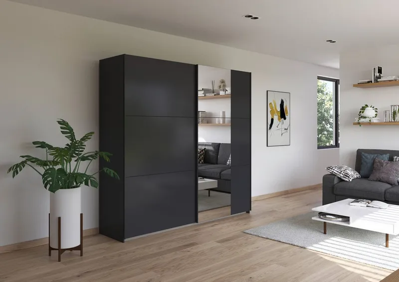 Rauch Rauch Schwebetürenschrank Kleiderschrank Drehtürenschrank Schrank Garderobe KRONACH (in 3 Ausstattungen BASIC/CLASSIC/PREMIUM, Breiten 131/175/218/261 cm) optional ohne, mit 1 oder 2 Spiegel, viel Stauraum MADE IN GERMANY, Grau, – Produktbild 1 von 8