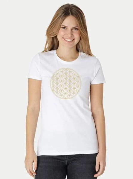 Peaces.bio - handbedruckte Biomode Peaces.bio - handbedruckte Biomode Bio-Damen-T-Shirt Die Blume des Lebens, Weiss, – Produktbild 2 von 3