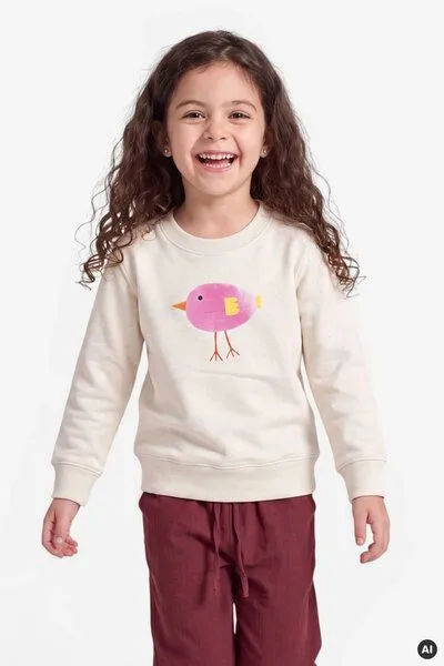 MelaDi Meladi Kinder Sweater aus Biobaumwolle - Lila Vogel auf Natural Raw, Natural white, – Produktbild 5 von 7
