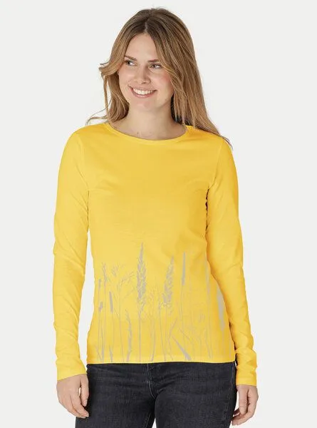 Peaces.bio - handbedruckte Biomode Peaces.bio - handbedruckte Biomode Bio-Damen-Langarmshirt Gräservielfalt, Gelb, – Produktbild 1 von 2
