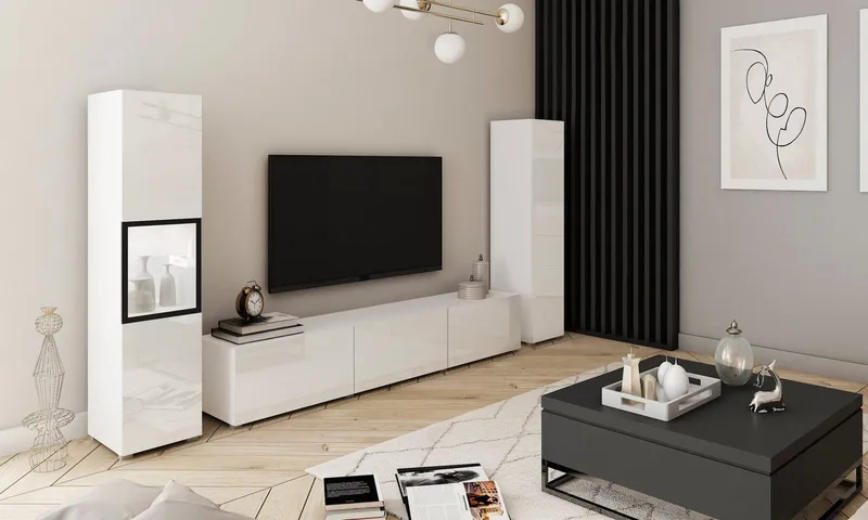 Home affaire Wohnwand BERLIN III, Vitrine Türschlag links/rechts wechselbar, (Komplett-Set, 3-St), moderne grifflose Mediawand Breite 260 cm, Vitrine mit Verglasung, Weiß, – Produktbild 3 von 5