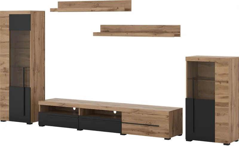 OTTO home Wohnwand Roger,Breite 270 cm moderne Mediawand ohne Beleuchtung, (Set, 5-St), Anbuwand (Set,5-St) viel Stauraum, Vitrinen mit Glastür, Beige|schwarz, – Produktbild 2 von 5
