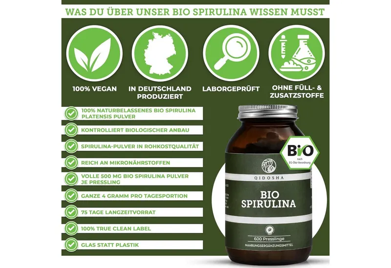 QIDOSHA Bio Spirulina Presslinge 500 mg Presslinge, 300 g, 100 % Bio Spirulina aus kontrolliert biologischer Aquakultur – Produktbild 5 von 5