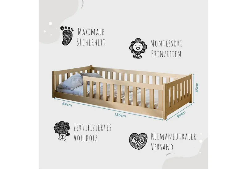 Kids Collective Kinderbett Bodenbett Bett mit Rausfallschutz & Lattenrost Montessori Bett Kinder (Jungen, Mädchen, Kinder, weitere Größen 80x160, 80x180, 90x190, 120x200, 140x200 cm), Jugendbett Gitterbett Einzelbett, natur Kiefer 90x200 cm, Beige, – Produktbild 3 von 5