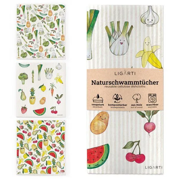 LIGARTI Schwammtücher 3er-Set »Obst & Gemüse« von LIGARTI | wiederverwendbar | kompostierbar | Naturschwammtücher – Produktbild 1 von 4