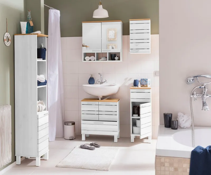 Home affaire Waschbeckenunterschrank JOSIE Breite 60, aus Massivholz, Metallgriffe, 1 Schublade & 2 Türen, Weiß, – Produktbild 1 von 5