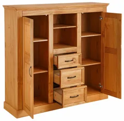 OTTO home Highboard Selma Kommode mit 2 Türen, 3 Schubläden und 8 Fächer, Metallgriffe, massives Kiefernholz, natürliche Maserung & Metallgriffe, 130cm breit – Produktbild 1 von 1