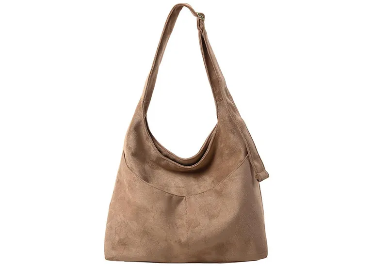 Oemmn Schultertasche große Damen Wildleder Tasche mit Reißverschluss & verstellbarem Gurt, Handtasche Damen aus weichem veganem Leder mit Fächern, Khaki, – Produktbild 1 von 5