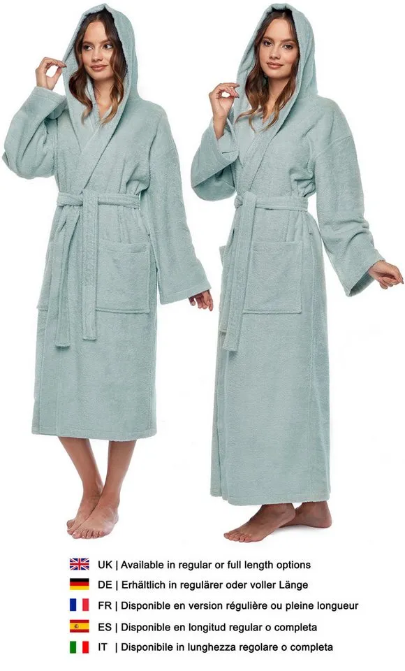 Arus Arus Damenbademantel Astra, pflegeleicht, wadenlang oder extralang für Spa & Sauna, 100% Baumwolle, Kapuze, Gürtel, mit Kapuze, wadenlang oder extra lang, 100% Baumwolle, Grün, – Produktbild 3 von 5