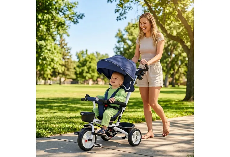 HOMCOM HOMCOM 6 in 1 Dreirad mit Schubstange, Kinderdreirad mit Sicherheitsgurt Blau – Produktbild 3 von 6