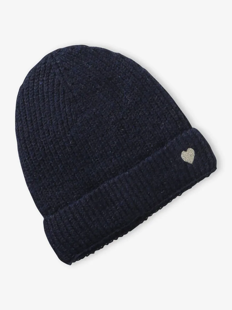 Vertbaudet Strickmütze Mädchen Rippstrick mit Herzstickerei, Marine, – Produktbild 1 von 2