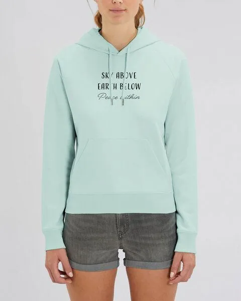 Human Family Human Family Bio Damen Sweatshirt mit Kapuze "Trekker - Peace within", Türkisblau, – Produktbild 1 von 4