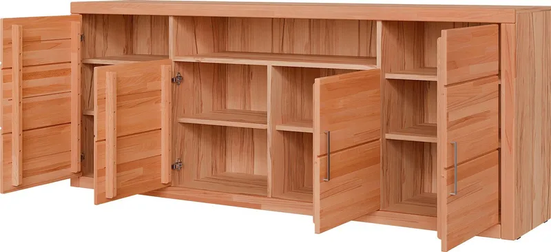 OTTO home Sideboard Logo,200cm breit,42 cm tief,Fronten Massivholz,11 Fächer, Kernbuche massiv, Holzwerkstoff, 4Türen,11 Fächer,Böden versetzbar, Braun, – Produktbild 4 von 5