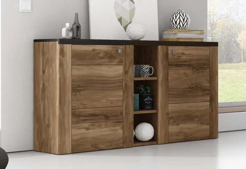 OTTO home Sideboard Larona, zeitlose Kommode mit 2 Türen, Türkommode, Breite 155 cm, Höhe 84 cm, viel Stauraum, Anrichte mit dekorativer Rahmenoptik, Braun, – Produktbild 4 von 5