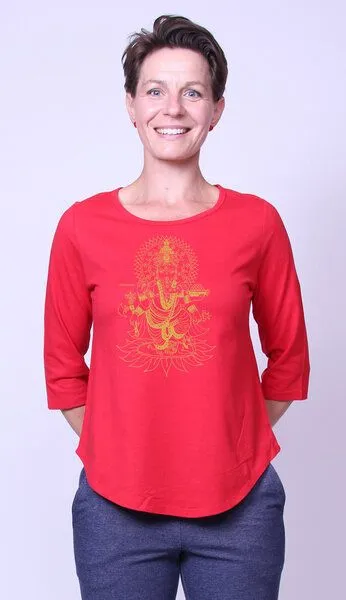 Peaces.bio - handbedruckte Biomode Peaces.bio - handbedruckte Biomode Bio-Damen-3/4 Arm Shirt Ganesha, Rot, – Produktbild 2 von 2