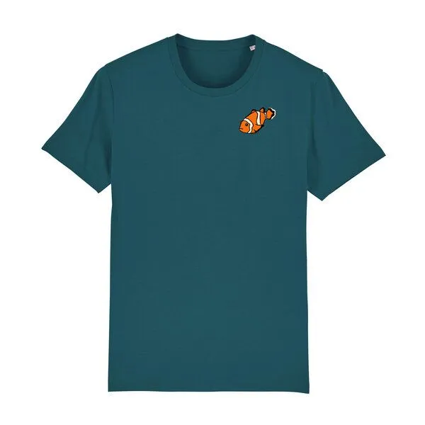 Spangeltangel Spangeltangel T-Shirt bedruckt, "Clownfisch", nachhaltig, Biobaumwolle, Brustprint, Herren, Männer, bio, Tiere, Fische, Meer, Ozean, Petrol, – Produktbild 1 von 3
