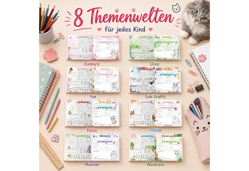 TOBJA Poesiealbum Freundebuch Grundschule Katze 21x21 cm - 32 Freunde, 9 Erwachsene, Katzen-Motiv, 92 Seiten, 32 Doppelseiten, FSC®-Papier – Produktbild 5 von 5