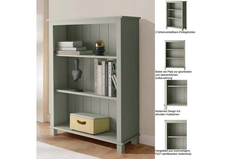 OTTO home Regal Pivo Bücherregal mit 2 verstellbaren Einlegeböden, natürliche Maserung, aus massivem Kiefernholz mit 3 Fächern, Höhe 106 cm, Beige, – Produktbild 3 von 5