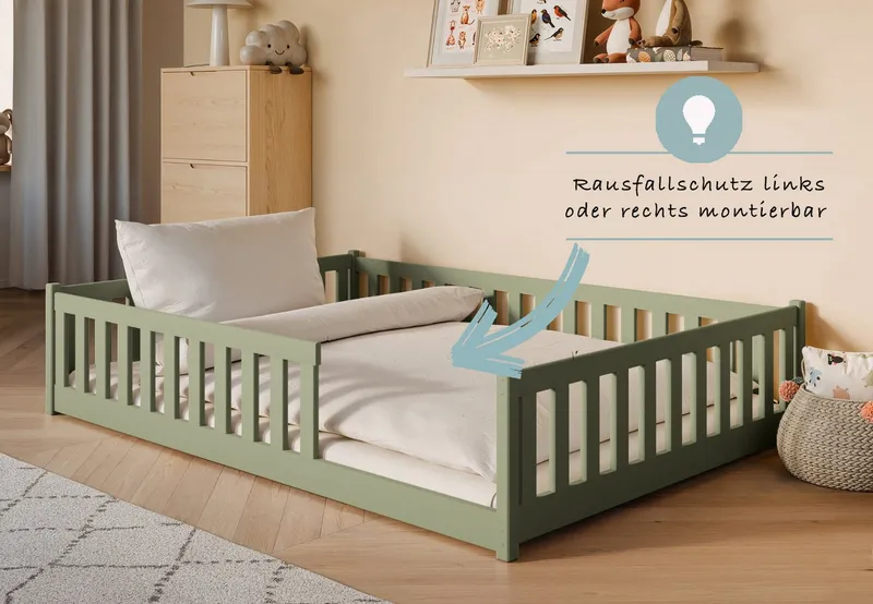Kids Collective Kinderbett Bodenbett Bett mit Rausfallschutz & Lattenrost Montessori Bett Kinder (Jungen, Mädchen, Kinder, weitere Größen 80x160, 80x180, 90x190, 90x200, 120x200 cm), Jugendbett Gitterbett Einzelbett, Olivgrün Kiefer 140x200 cm, Grün, – Produktbild 5 von 5