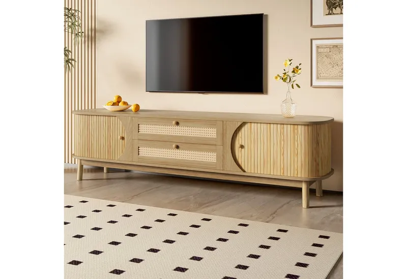 Odikalo TV-Schrank Sideboard Lowboard TV-Ständer mit Türen Schubladen Rattan Seiten Natur 170 L x 39,5 B x46 H(cm) – Produktbild 5 von 5