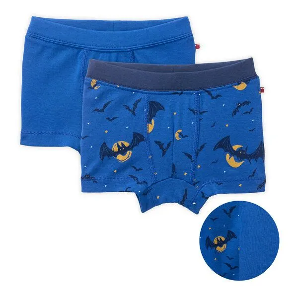 People Wear Organic People Wear Organic Boxershorts, 2er Pack, blau bedruckt "Fledermäuse" und blau uni, Bio-Baumwolle – Produktbild 1 von 3