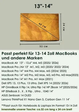 BY COPALA BY COPALA Gefütterte nachhaltige Laptop Hülle 13–14 Zoll aus Blattleder – Handgenähte vegane Laptoptasche, wasserabweisendes Laptop Case, Unikat für MacBook Air & Pro in gelb – Produktbild 1 von 1