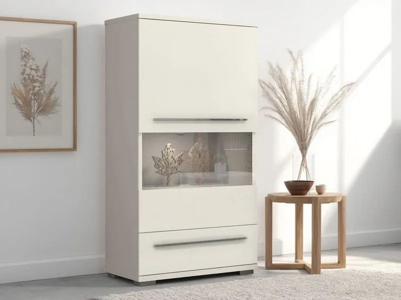 OTTO home Highboard Piano Vitrine (H/B/T): 123/69/40,2cm), UV lackiert, Soft-Close Funktion, Beige|grau, – Produktbild 2 von 5