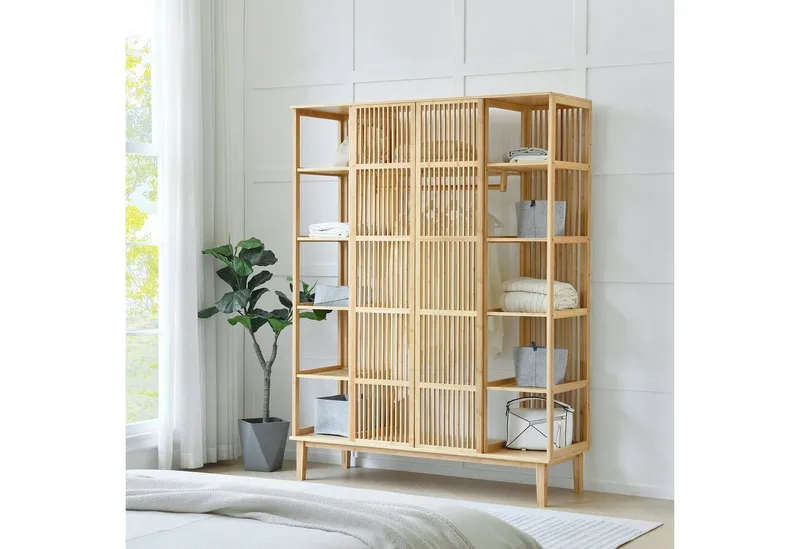 en.casa Kleiderschrank »Hudiksvall« mit 10 Staufächern, 2 großen Ablagen185x140x45cm Natur, Beige, – Produktbild 1 von 2