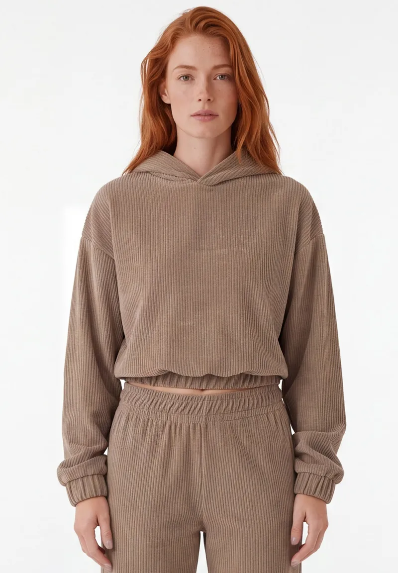 ORGANICATION ORGANICATION Damen vegan Kurzer Hoodie Aus Cord Kiesbraun, Braun, – Produktbild 1 von 1