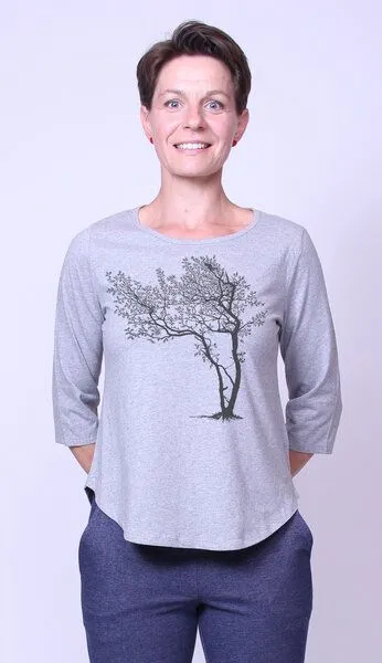Peaces.bio - handbedruckte Biomode Peaces.bio - handbedruckte Biomode Bio-Damen-3/4 Arm Shirt- Fancy Tree, Hellgrau, – Produktbild 2 von 2