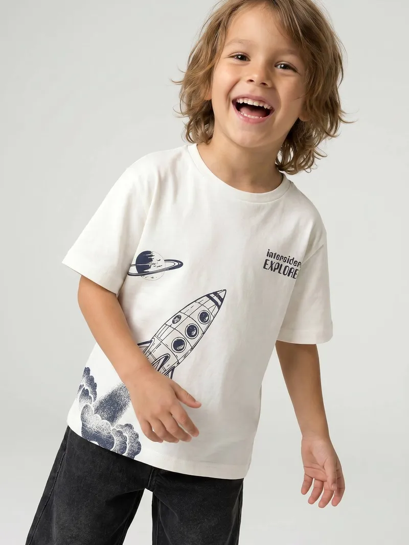 Vertbaudet T-Shirt mit Raketen-Motiv Jungen BASIC, Wollweiß, – Produktbild 2 von 4